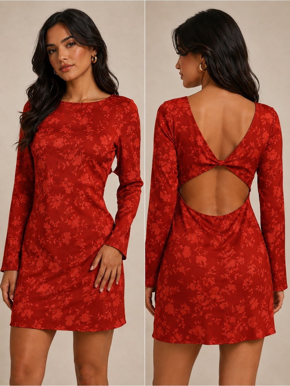 A New Day- Red Floral Jacquard Long Sleeve Open-Back Mini Dress
